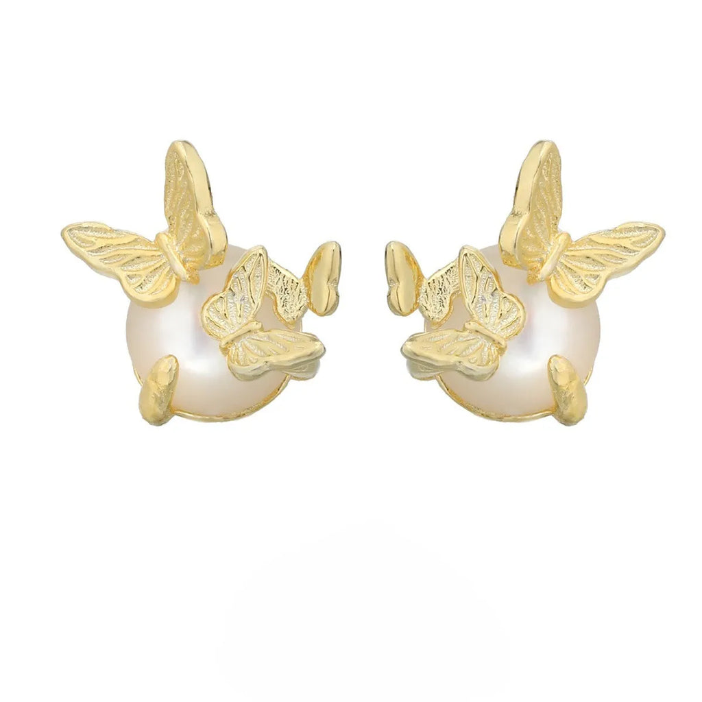 Pair of butterfly stud earrings in 925 silver with gold or white gold electroplated finish.