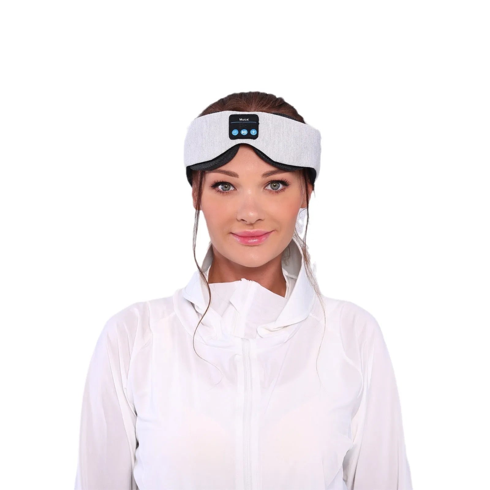 Grey polyester Bluetooth sleeping eye mask with adjustable straps