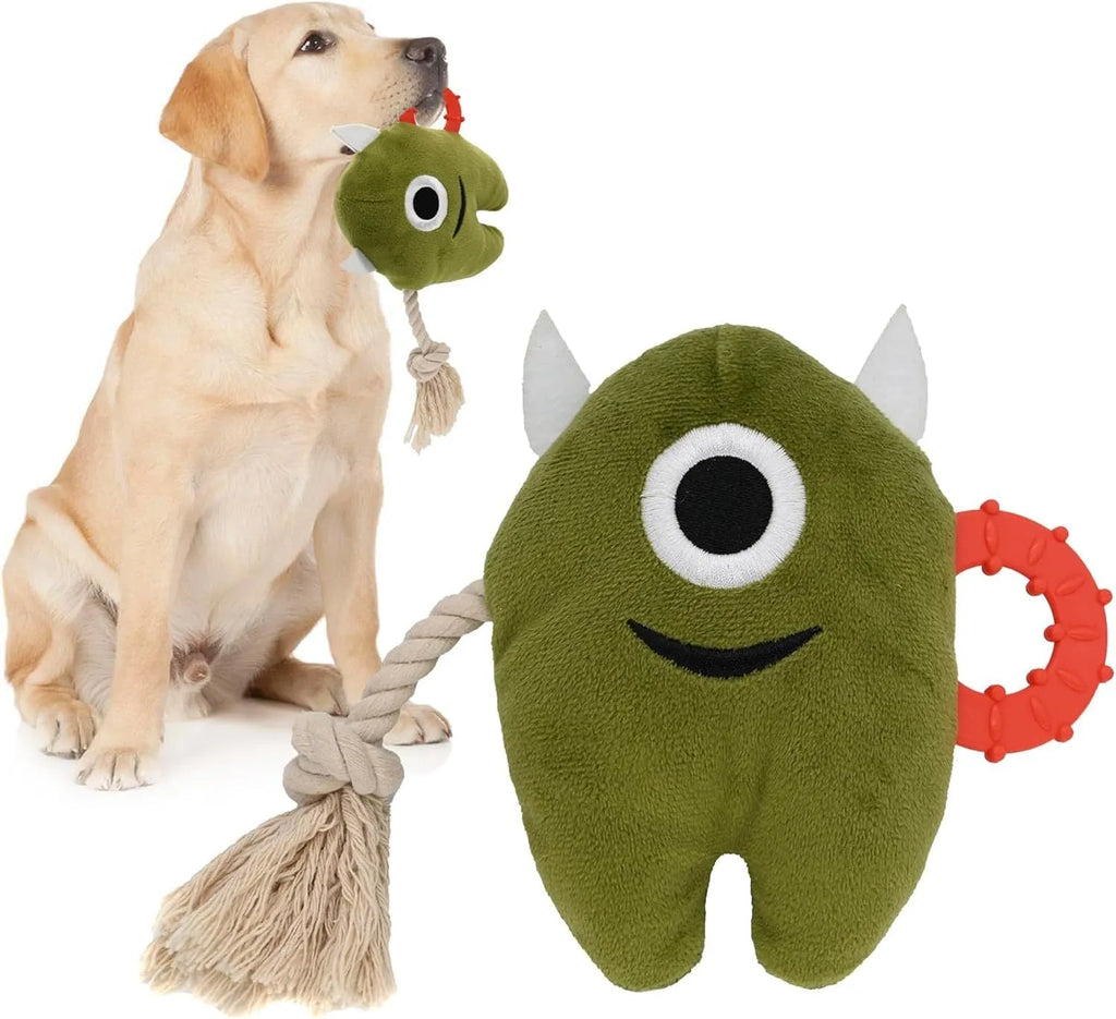 Blue and green plush monster dog toy with cotton rope sections and a squeaker