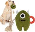Blue and green plush monster dog toy with cotton rope sections and a squeaker