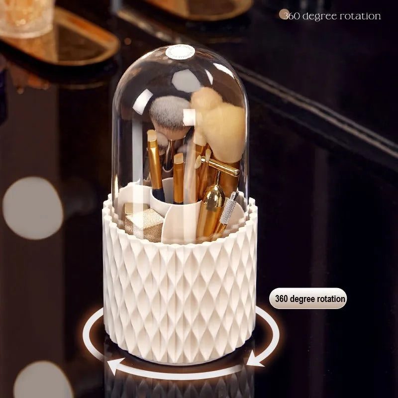 White rotating transparent makeup brush holder with dustproof lid on desktop