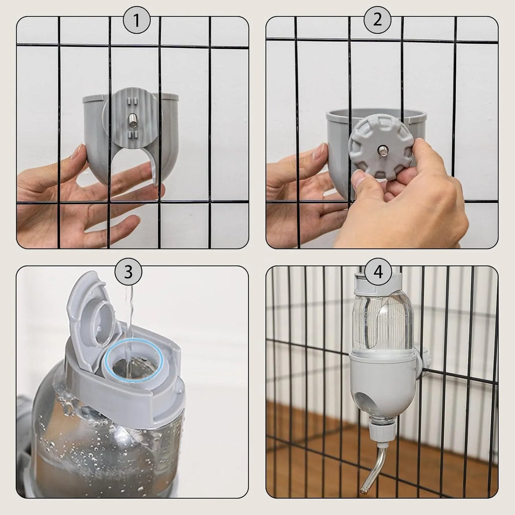 Blue small animal water bottle with rotatable nozzle attached to cage bars