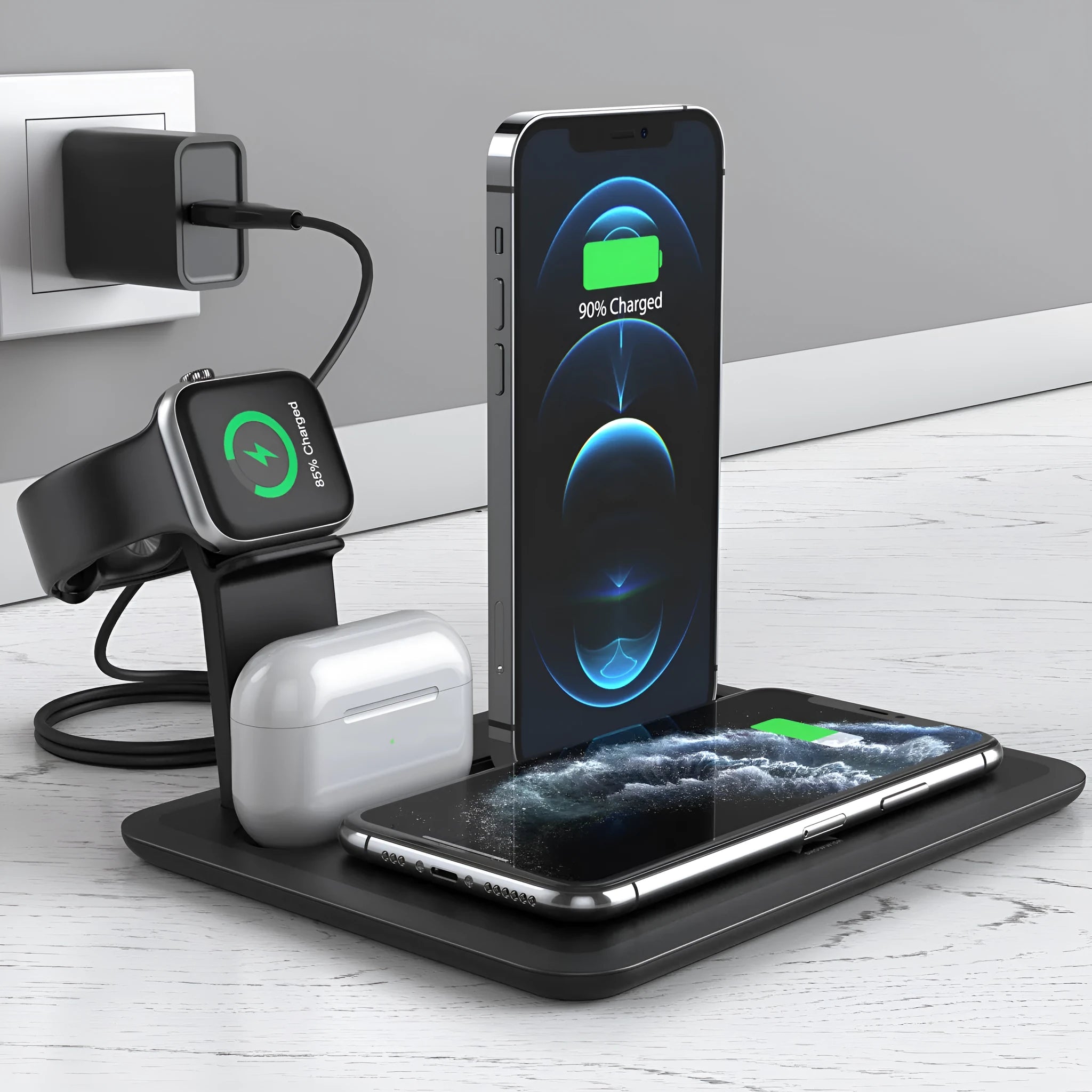 Black desktop charging hub showing wireless phone pad, USB port, watch port, and headphone charging dock.