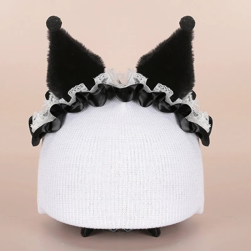 A soft plush cartoon character cover stretched over a medium-sized motorcycle helmet.