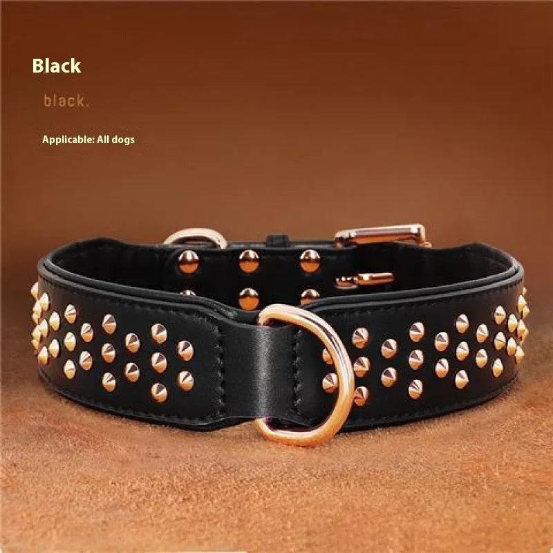 Leather dog collar with metal rivets in black, shown on a size chart with chocolate and pink colour options.