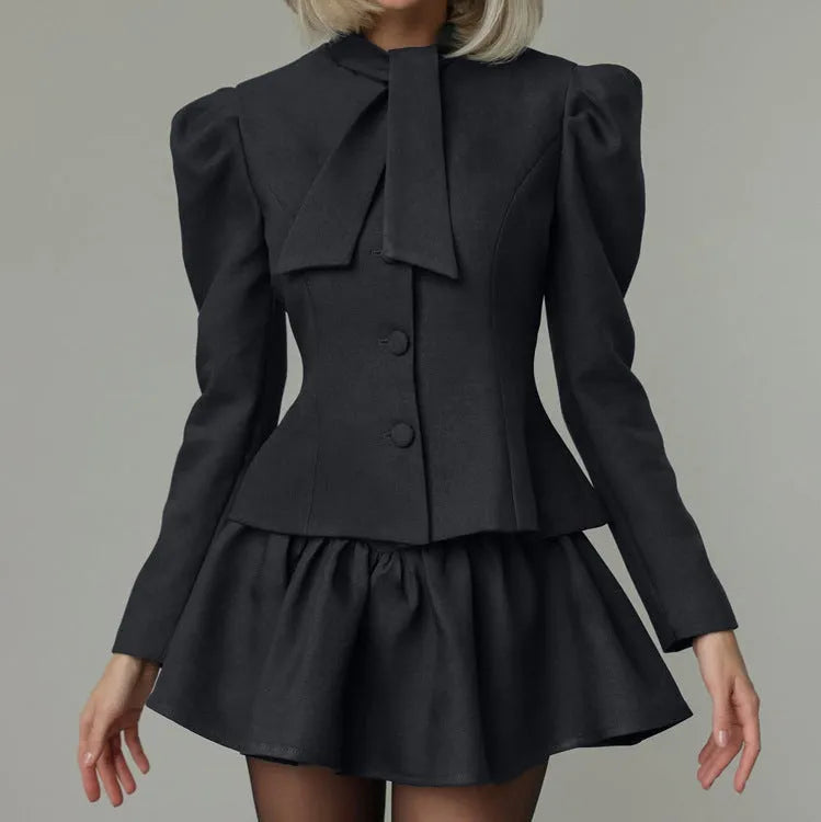Women's gray bow tie long sleeve suit top and skirt two-piece set with button detail