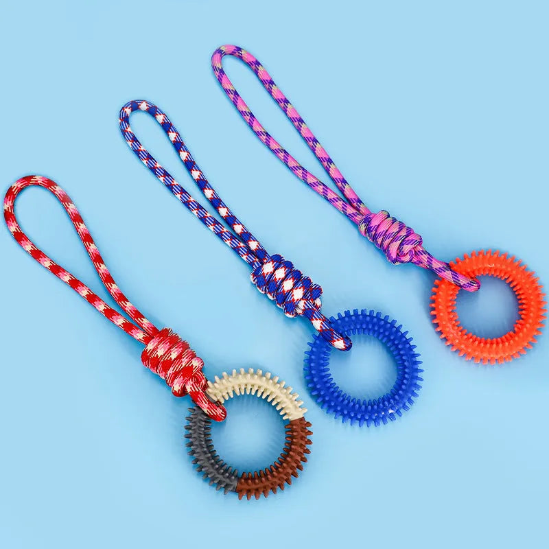 Blue braided rope dog toy with knots measuring 43cm long for puppy chewing