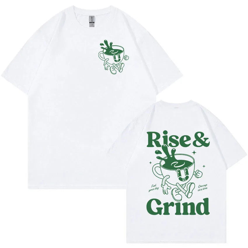 Rise And Grind Green Coffee cartoon graphic printed on a loose fit linen blend t-shirt.