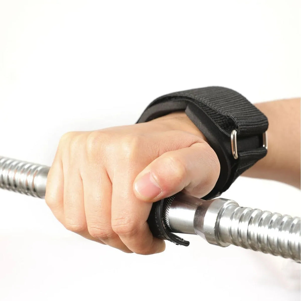 Black rubber weightlifting palm grips and assist belt set for barbell pulls.
