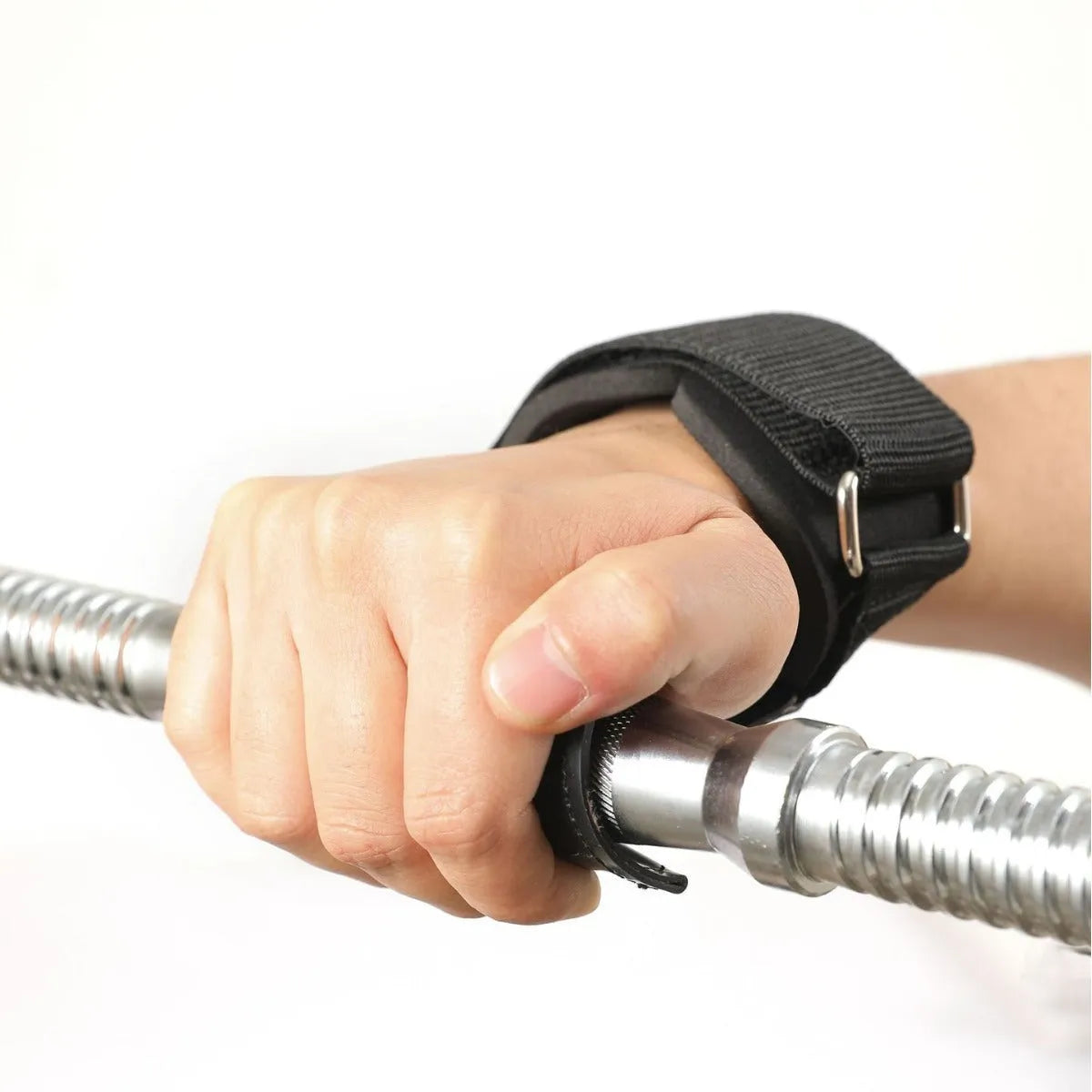 Black rubber weightlifting palm grips and assist belt set for barbell pulls.