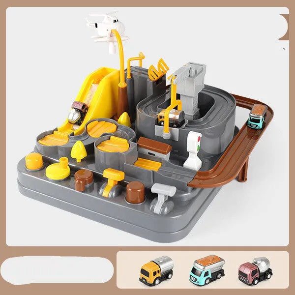 Big Adventure plastic toy set with multi-level parking garage, car tracks, and toy vehicles laid out for play.