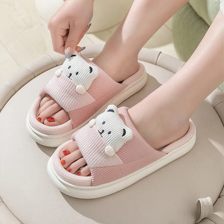 Cute cartoon bear design thick-soled linen slippers for women in blue, green, pink options