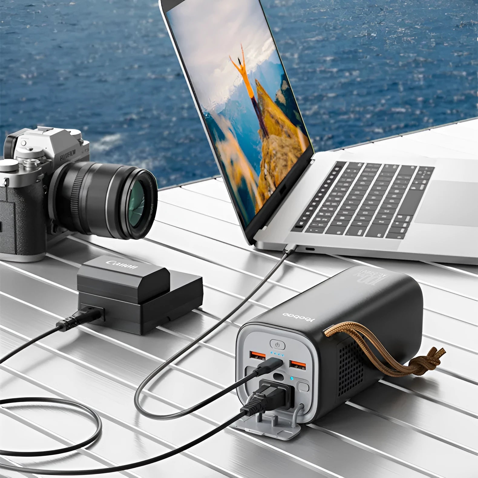 Black portable power bank with 220V socket, digital display, and solar panel on a wooden table.