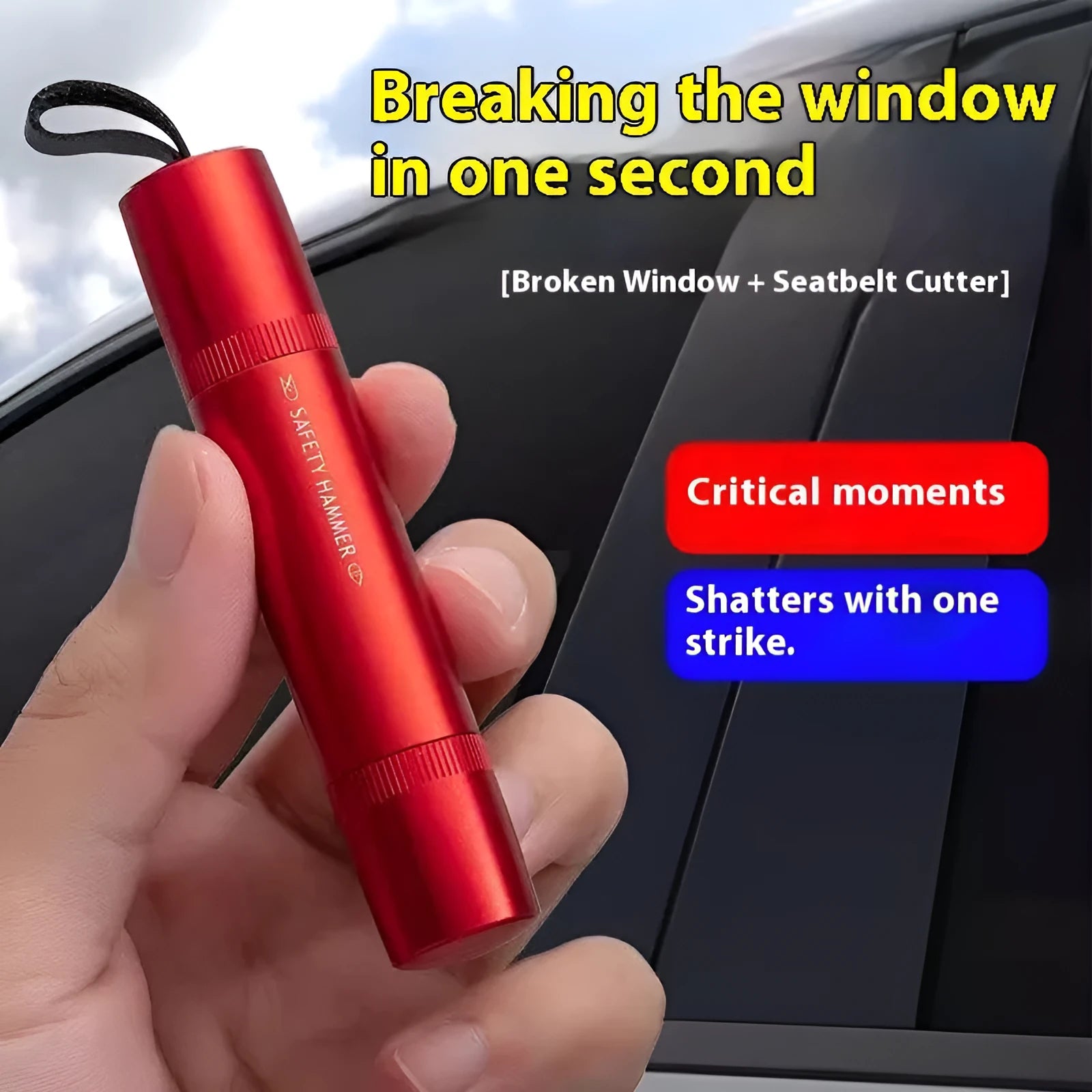 Car safety life hammer emergency tool with window breaker and seatbelt cutter in black and red colours