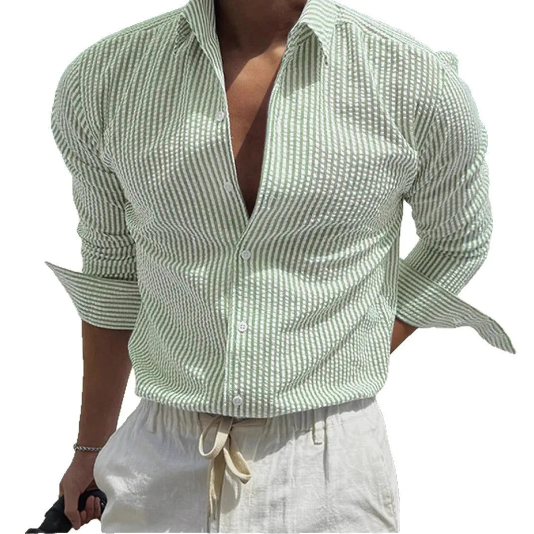 Striped long sleeve shirt with cardigan lapel collar in various colour options