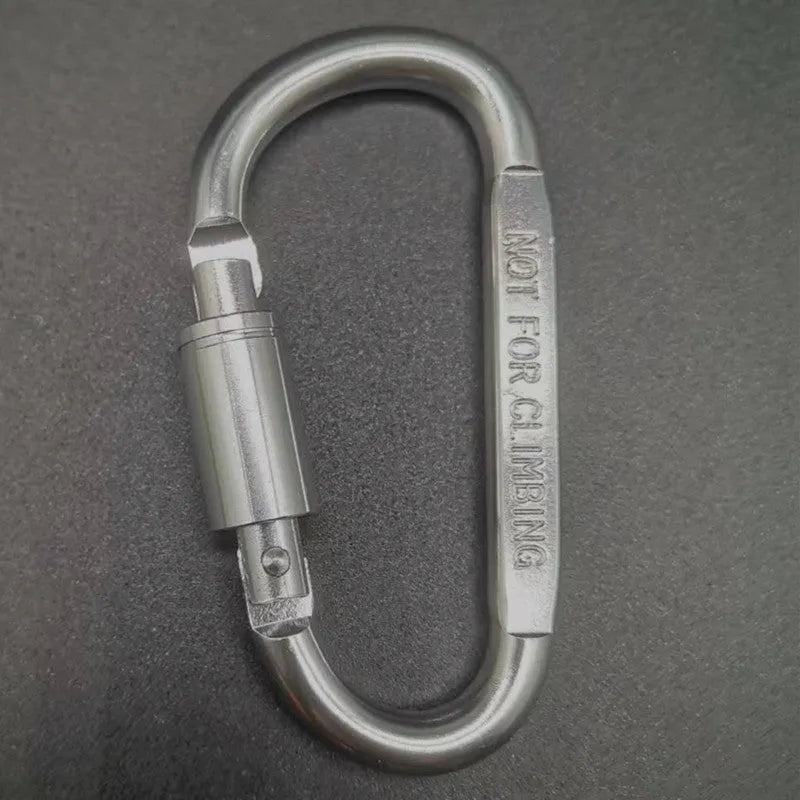 D-type aluminium locking carabiner in a selection of ten colours on a grey background.