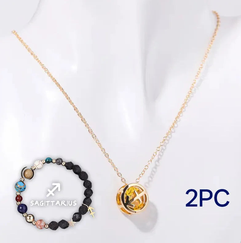 Natural stone beaded necklace and matching bracelet set laid flat, showing one of twelve available style variations.