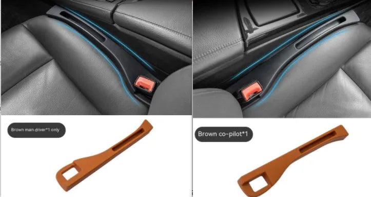 Black plastic car seat gap storage box with handle between vehicle seats