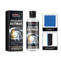 Headlight restoration kit showing bottle of polishing fluid with microfibre cloth and application sponge