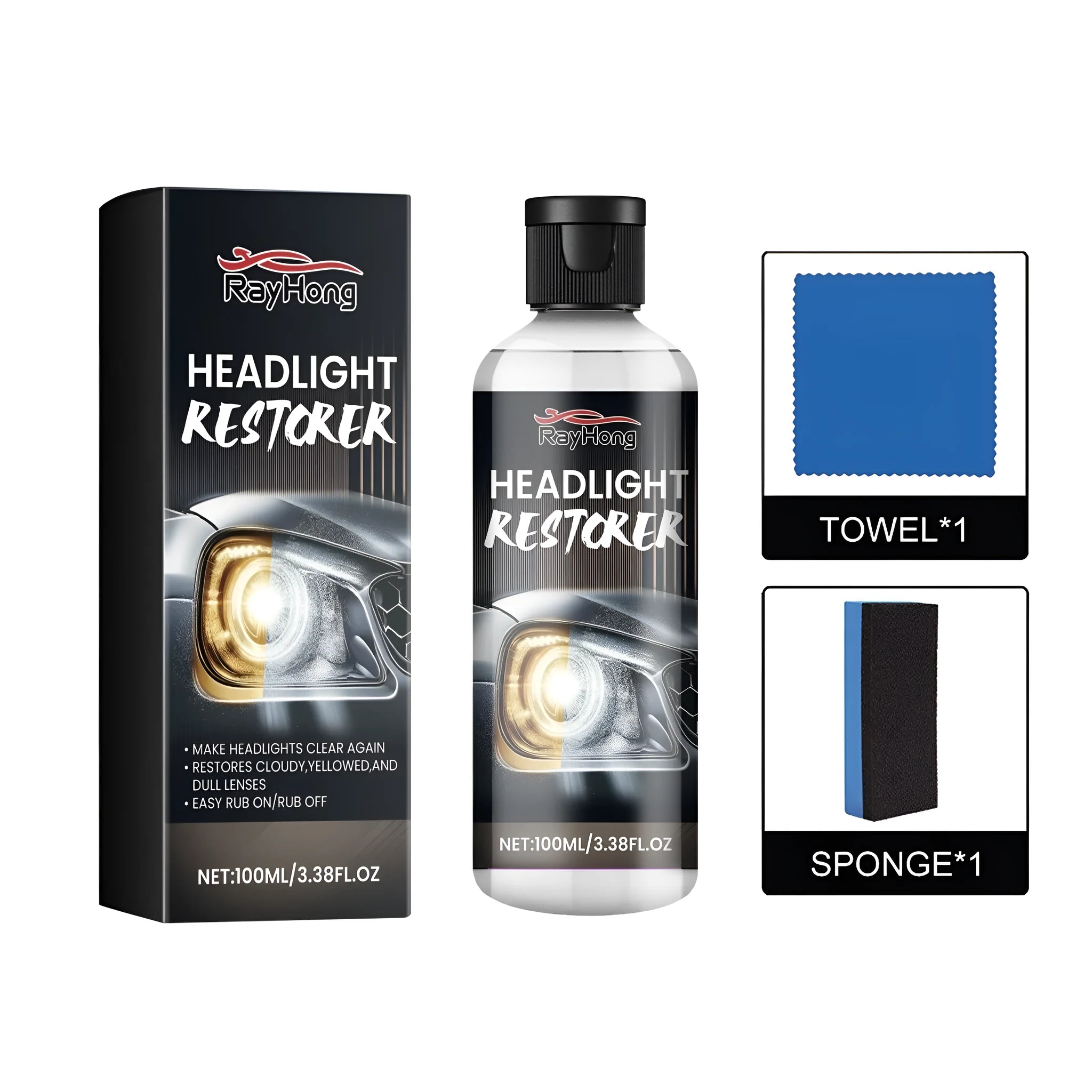 Headlight restoration kit showing bottle of polishing fluid with microfibre cloth and application sponge