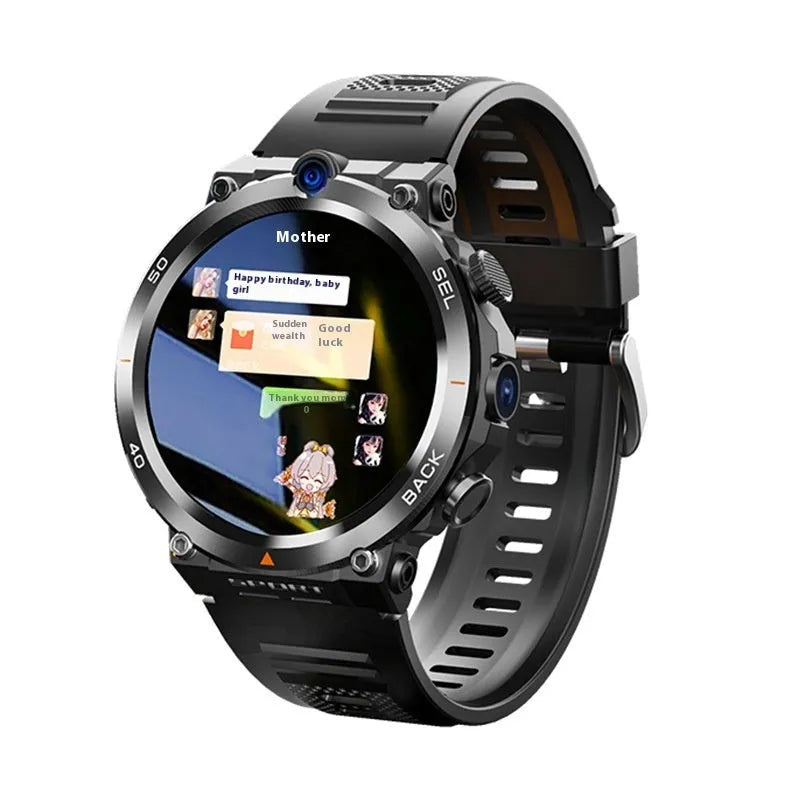 Sports smartwatch with dual cameras on a wrist, showing TFT touch screen display.