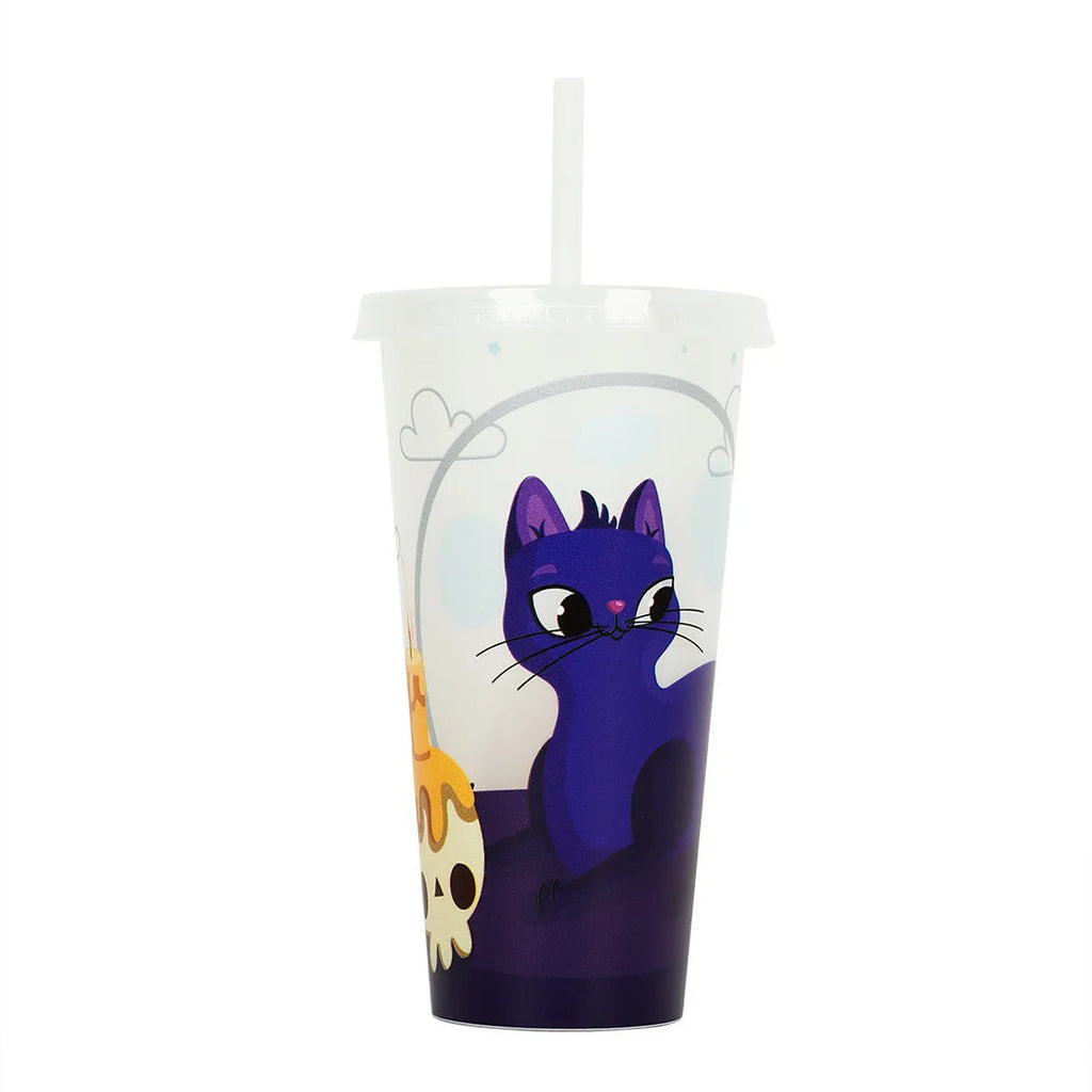 A tall 720ml luminous Halloween-themed plastic cup with a straw, showing colourful design.