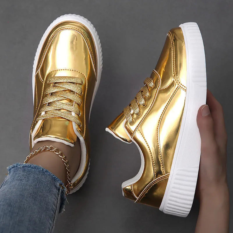 Rose gold glitter platform sneakers with sequin detailing and thick sole