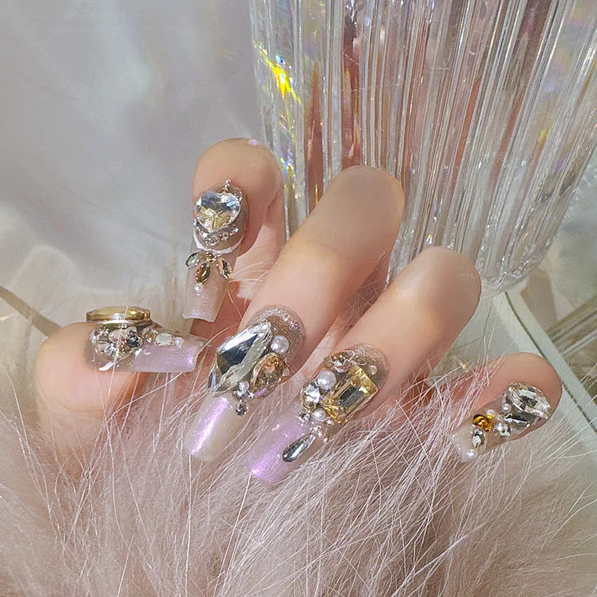 False nail patches with luxury rhinestone decorations in flash style on card packaging