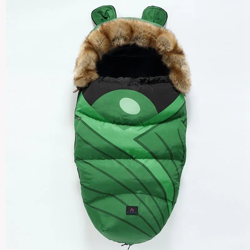 Baby warm cocoon style sleeping bag on a neutral background demonstrating solid colour design with zip closure