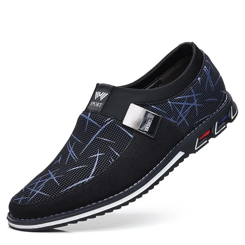Men's grey and white synthetic leather slip-on loafers with a square toe and flat rubber sole.