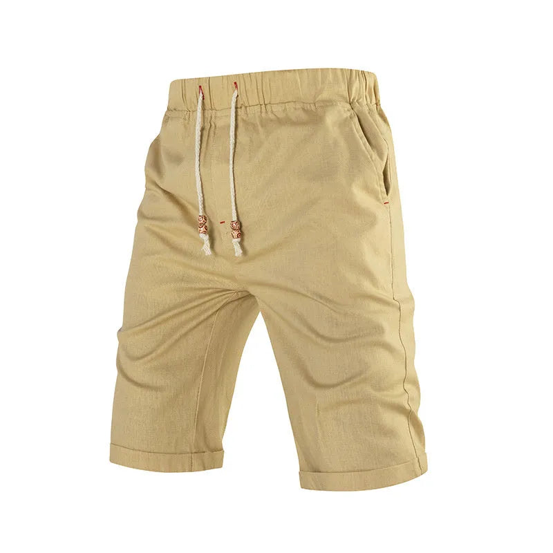 Men's cotton-blend casual shorts in khaki with a drawstring waist and zipper pocket.