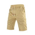 Men's cotton-blend casual shorts in khaki with a drawstring waist and zipper pocket.