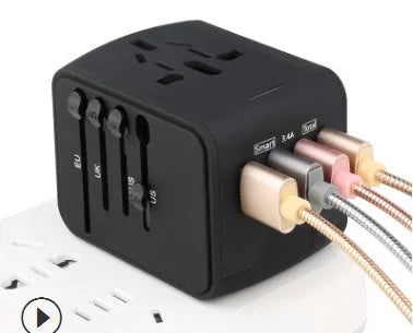 Universal travel adapter multi-function socket with USB Type C, black colour, 66x53x52mm, for 160 plus countries