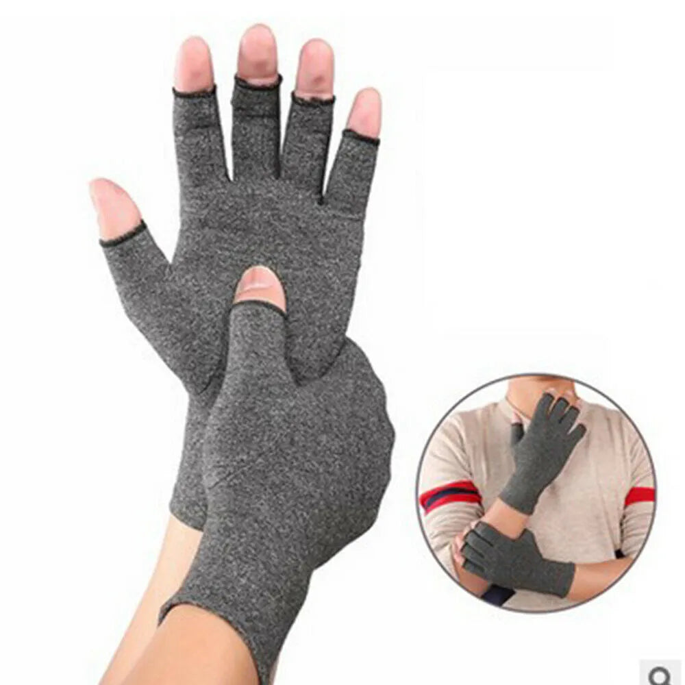 Grey half-finger compression gloves with anti-slip grip on fingertips.