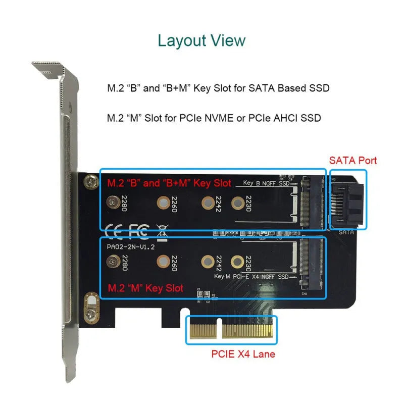 Black M.2 SSD adapter card with PCIe X4 interface, two M.2 slots (Key B and Key M), and support for 2230 2242 2260 2280 sizes