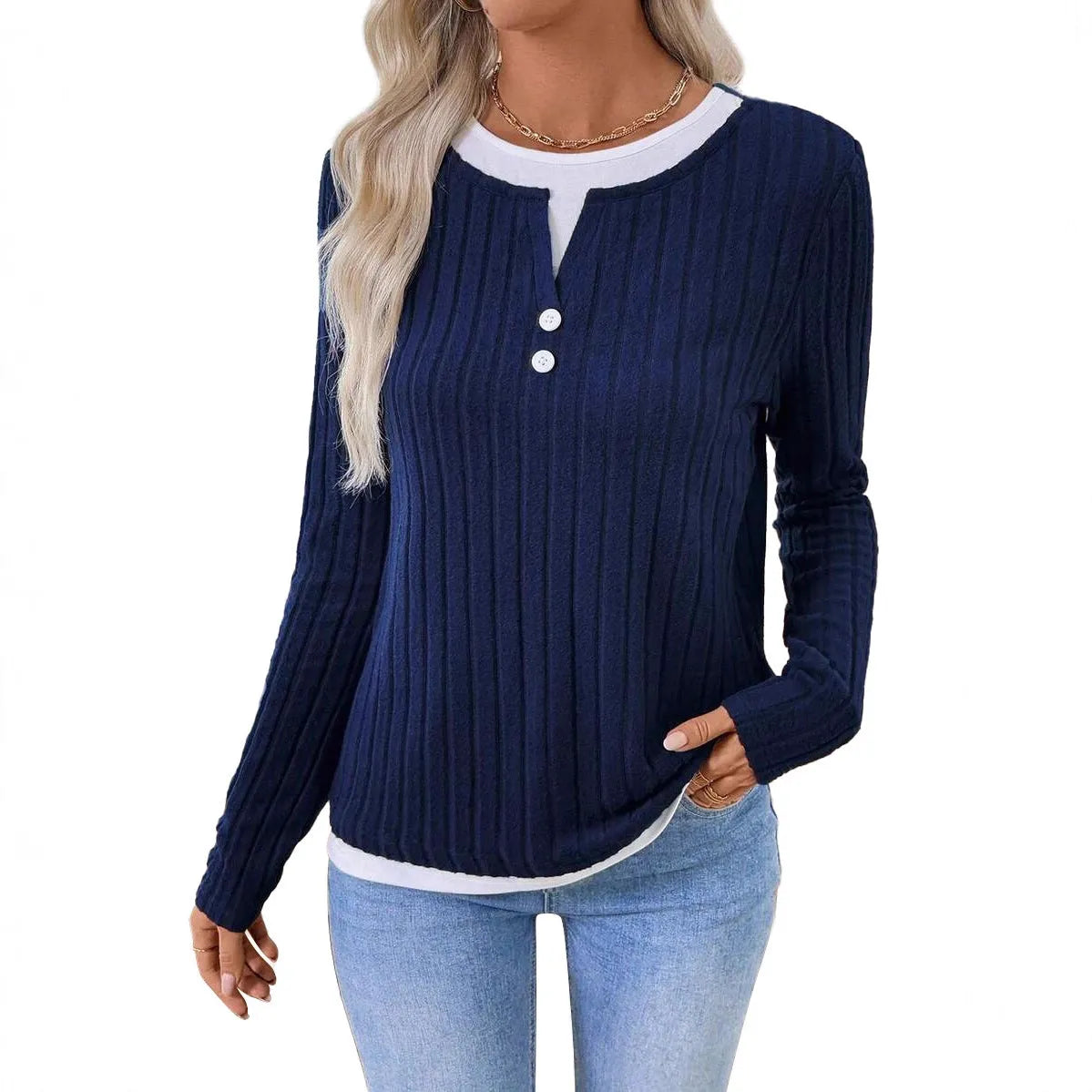 Women's black concave stripe fake two-piece pullover sweater with long sleeves and round neck.
