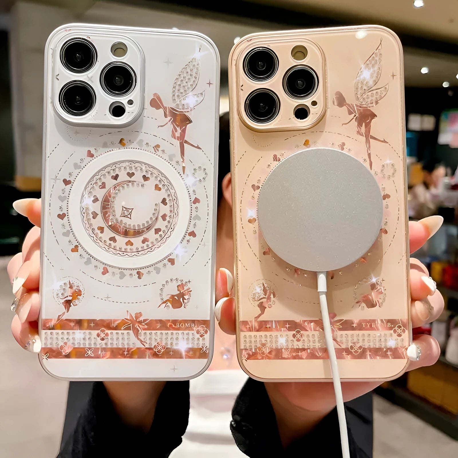 Butterfly fairy diamond magnetic TPU PC phone case in pink single shell with rhinestone and bow decorations