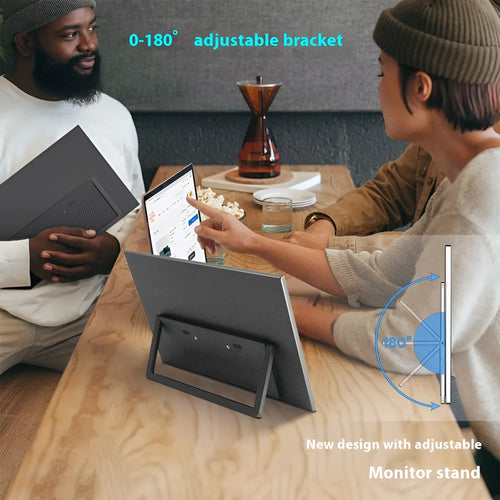 15.6-inch black portable monitor with adjustable stand, showing Full HD display connected to laptop