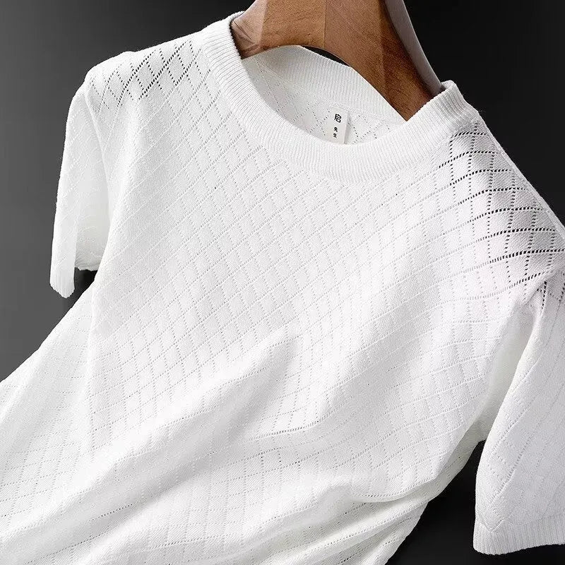 Men's black and white Ice Silk t-shirt with cut-out detail, showing V-neck and round neck style options.