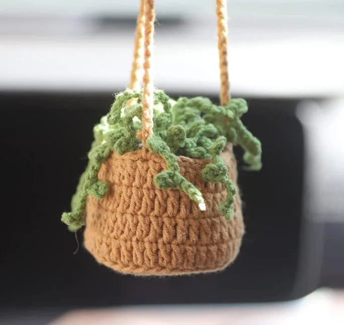 Green and white knitted wool car plant ornament hanging from a rope