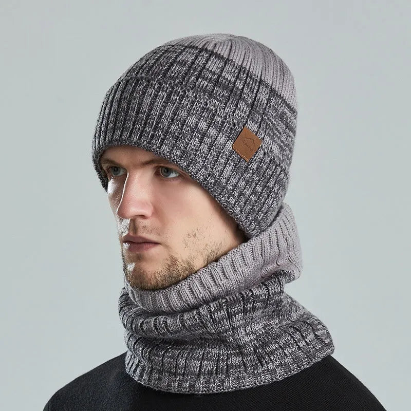 Fleece-lined thickened warm hat with neck warmer in black, dome crown style