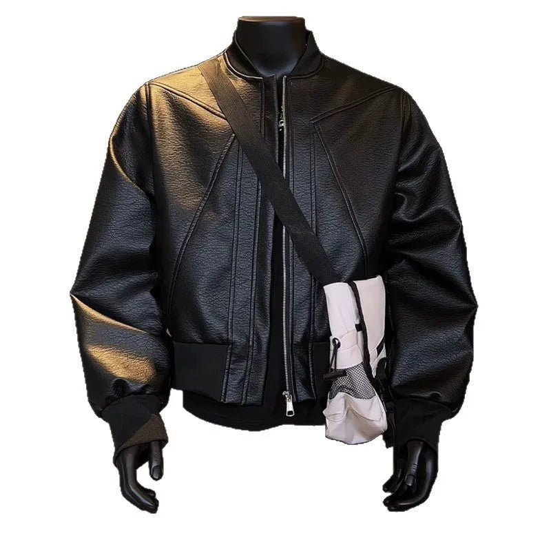 Men's extended length black PU leather jacket with egg white litchi grain texture and slim fit styling