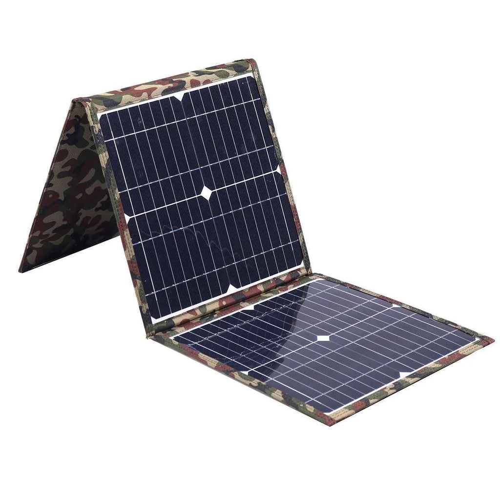 Black foldable 36W portable solar panel unfolded, showing three solar cells and included charging accessories.