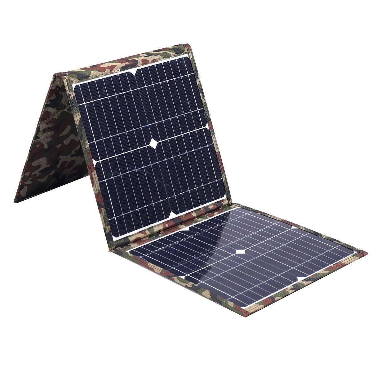 Black foldable 36W portable solar panel unfolded, showing three solar cells and included charging accessories.