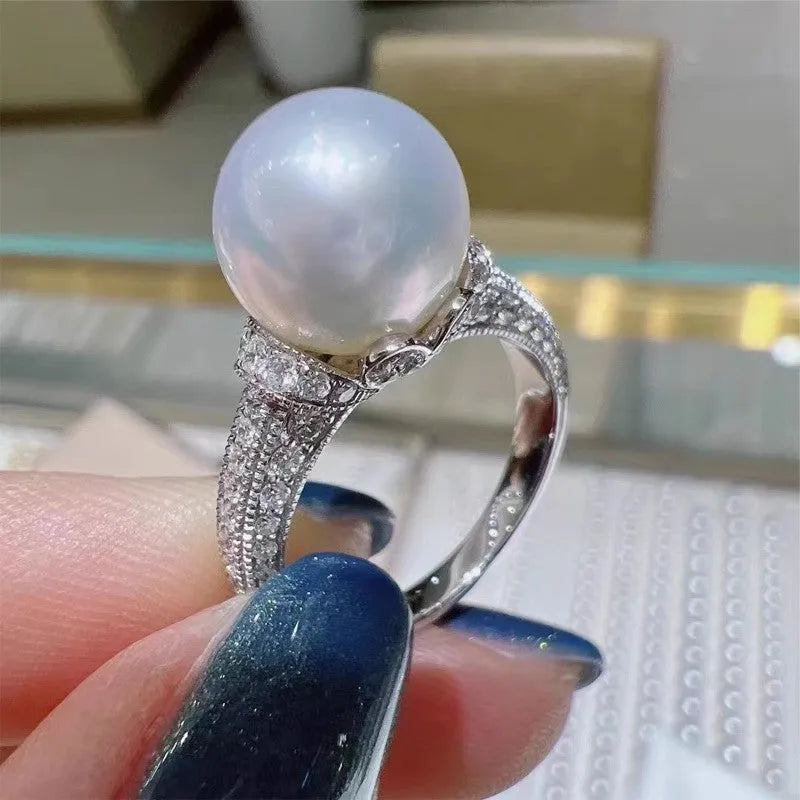 Pearl light luxury ring for women, copper base with white gold colour finish, size No 7