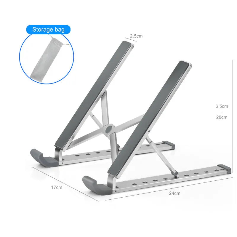 Folding laptop stand in silver with adjustable angle, holding a laptop, showing hollow bottom and non-slip silicone pads