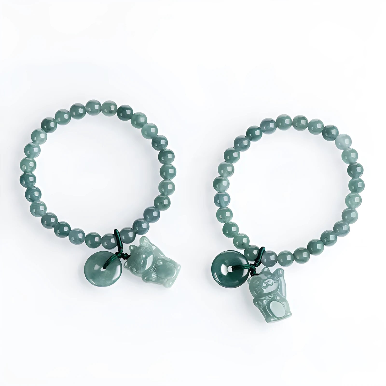 Emerald bead bracelet with blue lucky cat charm, hand woven for 14-16cm wrists