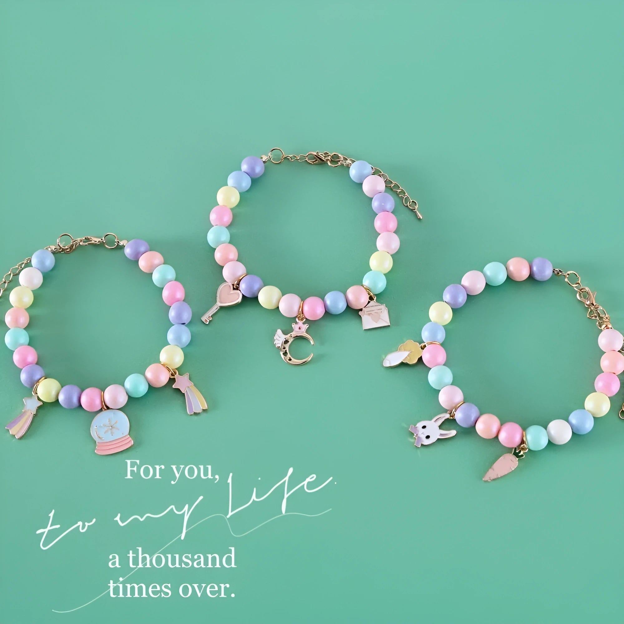 Colourful resin pet collar and bracelet set with moon and rabbit charms in macaron colours.