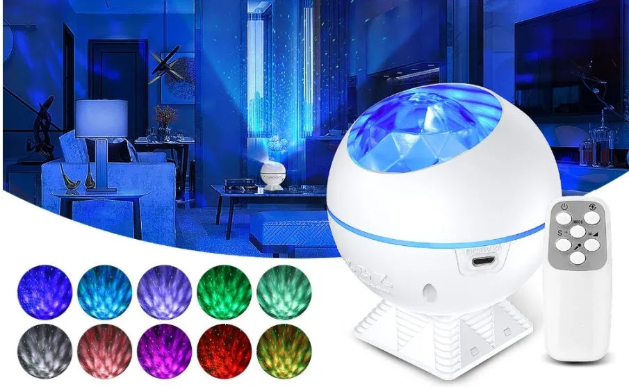 White spherical voice-controlled LED starry sky and galaxy projection lamp with USB cable.