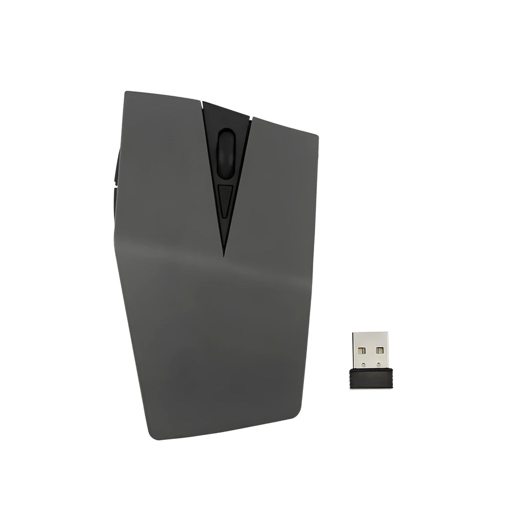 Wireless invisible mouse in gold colour beside laptop with USB receiver